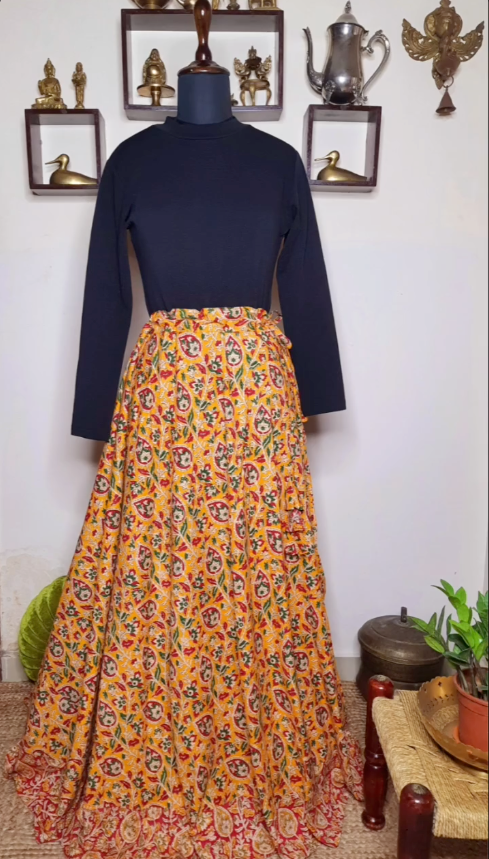 Long Yellow Kalamkari Cotton Skirt - Image 2