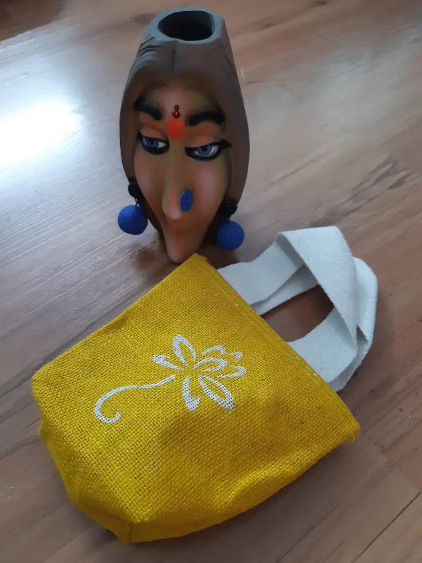 Yellow Jute Bag with Flower Print