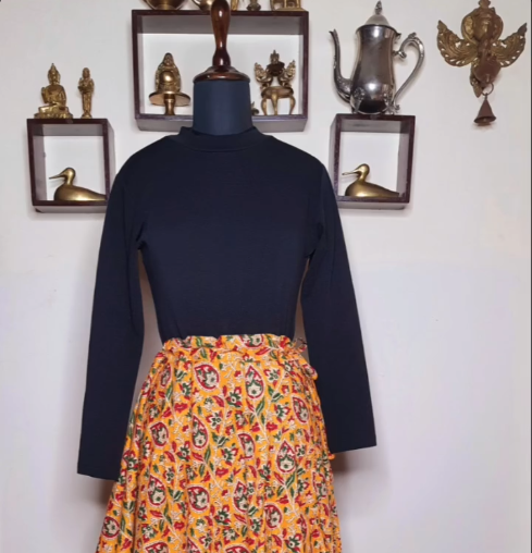 Long Yellow Kalamkari Cotton Skirt