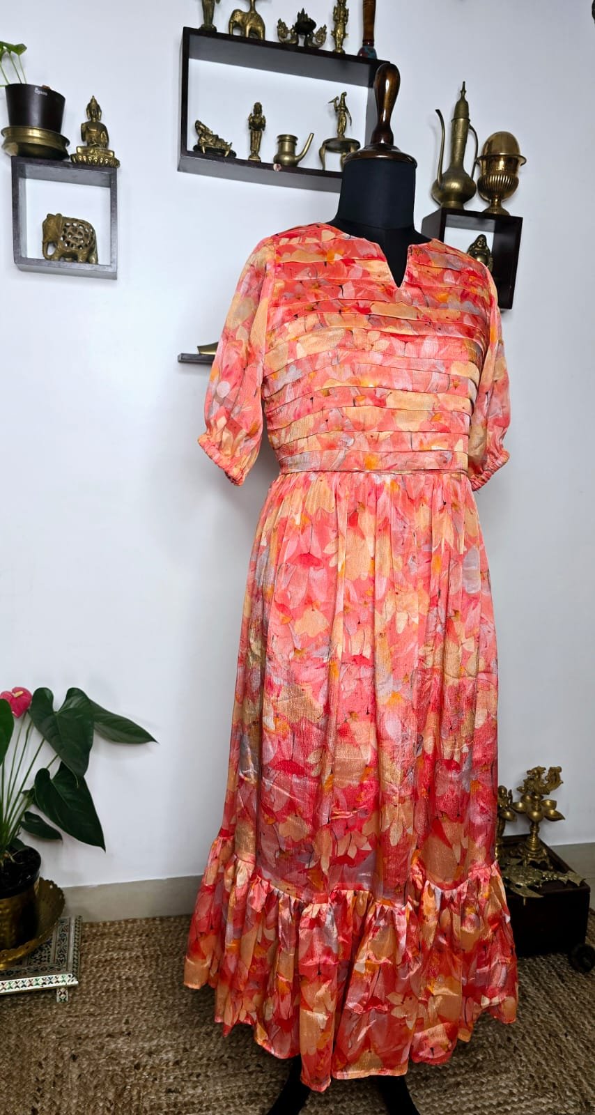 premium orange floral ruffle gown with pleated yoke - Image 2