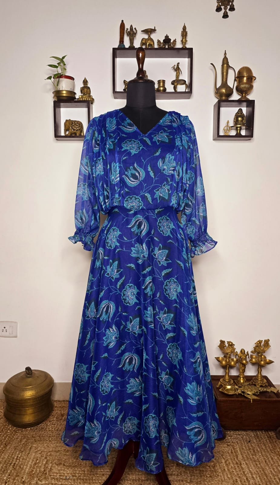 Navy blue floral chiffon gown