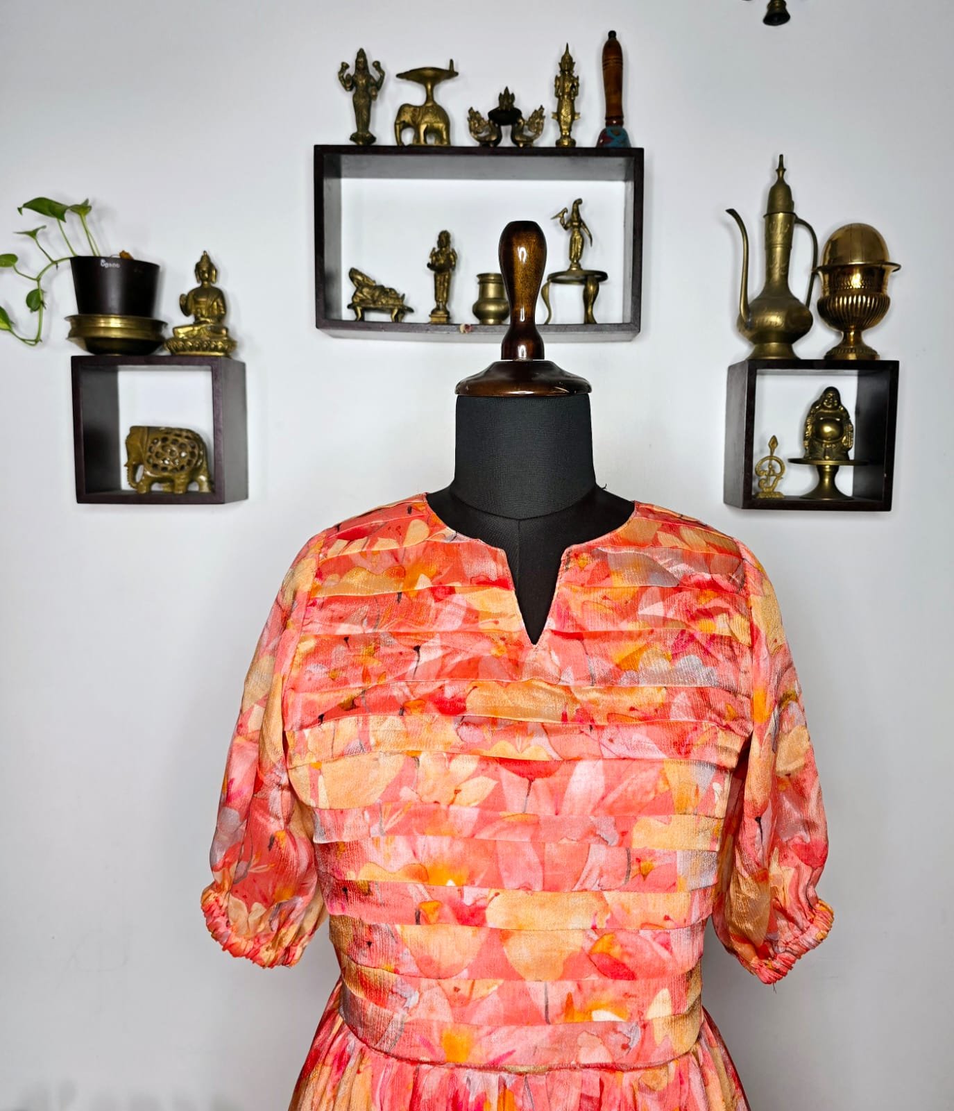 premium orange floral ruffle gown with pleated yoke - Image 3