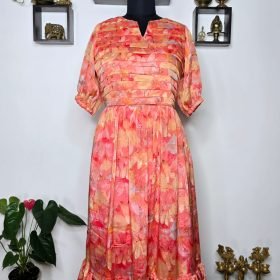 premium orange floral ruffle gown with pleated yoke