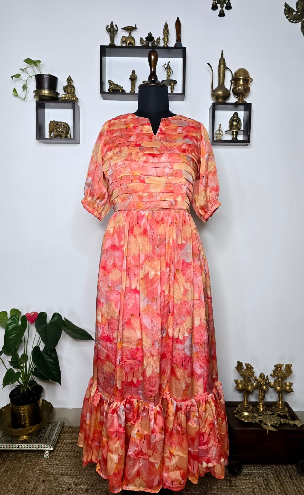premium orange floral ruffle gown with pleated yoke